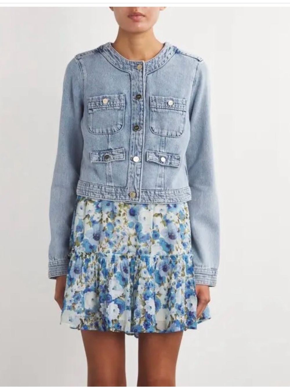 PAIGE Kiya Crewneck Button Front Denim Jacket Light Wash Size L